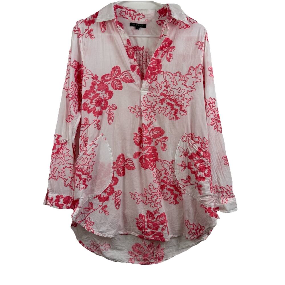 For Cynthia White 100% Cotton Coral Floral Embroidered Tunic Top Medium Popover